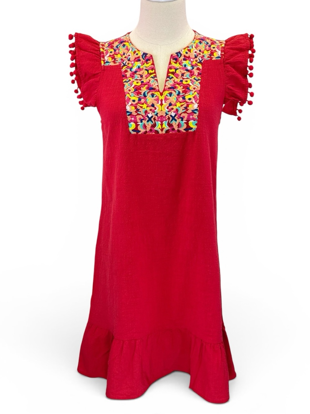 Kirundo Womens Mexican Artisan Style Embroidered Flowers Ruffle Sleeve Red S